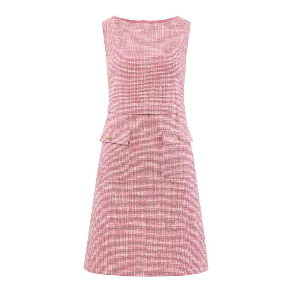 Sleeveless Tweed Boat Neck Work Office Sheath Dresses Pink